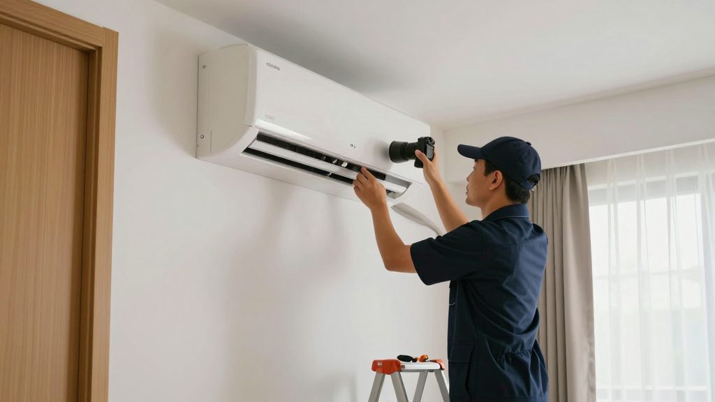 A technician servicing a wall-mounted split air conditioner
