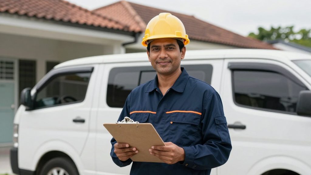 A friendly contractor holding a clipboard outside a terrace house