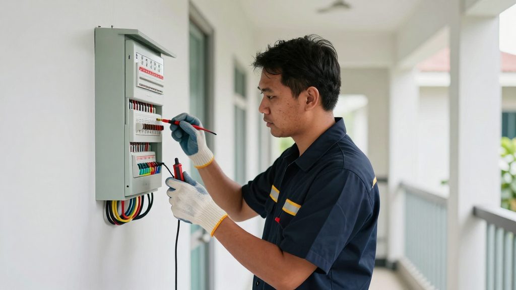 An electrician checking a neatly wired household distribution board