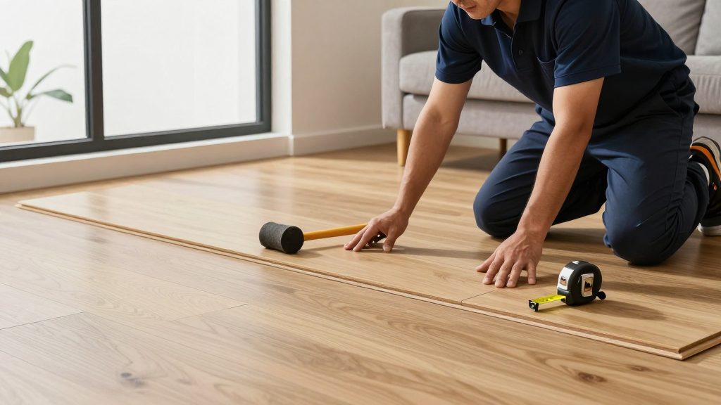 An installer fitting light vinyl plank flooring in a living room