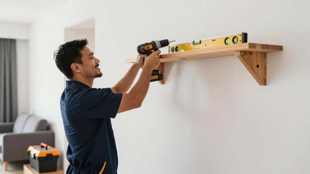 A handyman mounting a wooden shelf in a Malaysian apartment