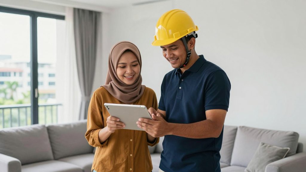A contractor and a homeowner reviewing a renovation plan on a tablet
