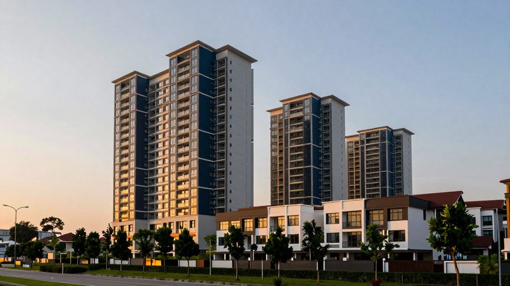 Residential towers and terrace houses in the Klang Valley at golden hour