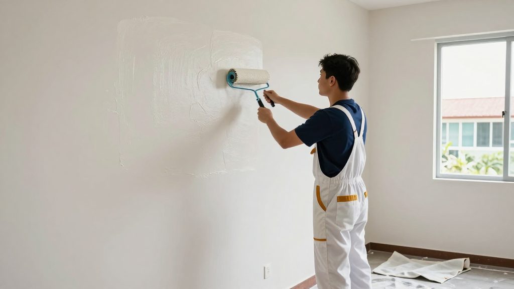 A painter rolling off-white paint onto a living room wall