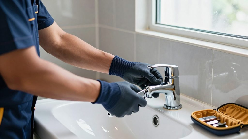 A plumber tightening a chrome tap under a bathroom basin