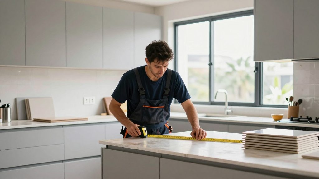 A carpenter measuring a countertop in a half-finished kitchen renovation