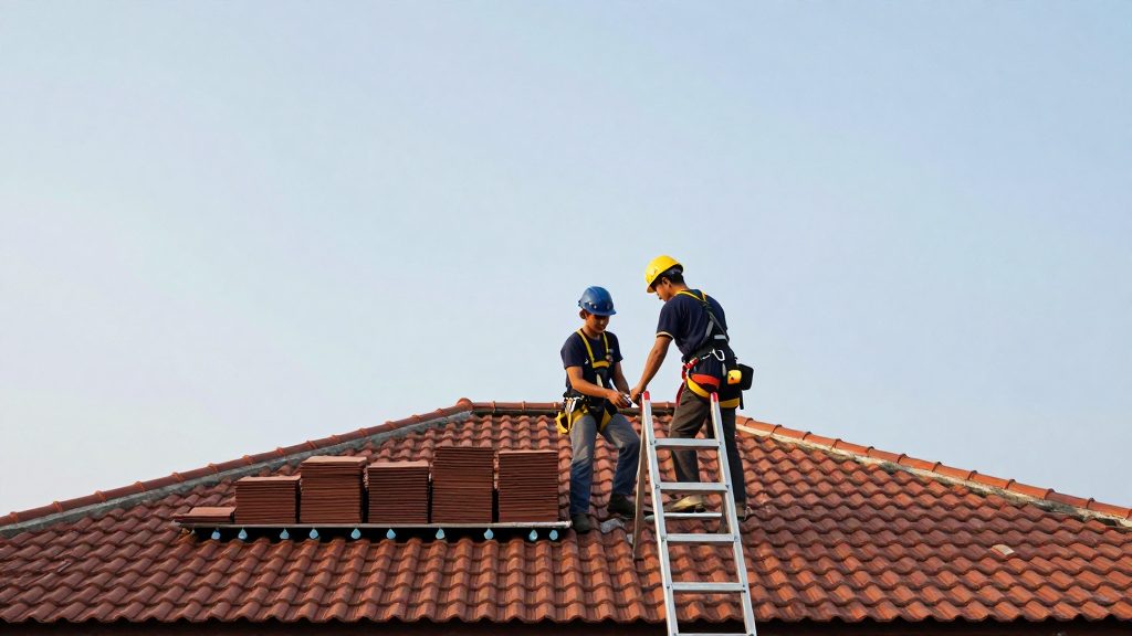 Roofers replacing terracotta roof tiles on a terrace house