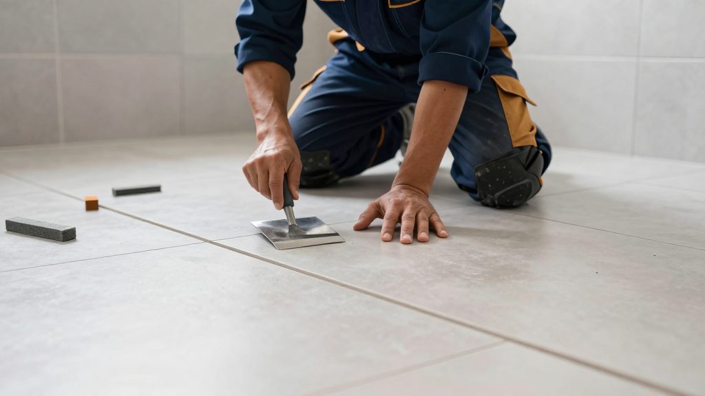 A tiler laying large pale-grey floor tiles in a bathroom