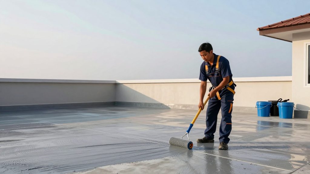 A worker rolling waterproofing coating onto a concrete roof terrace